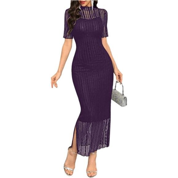 Women's Contrast Lace Mock Neck Pencil Dress Purple - Picture 1 of 5